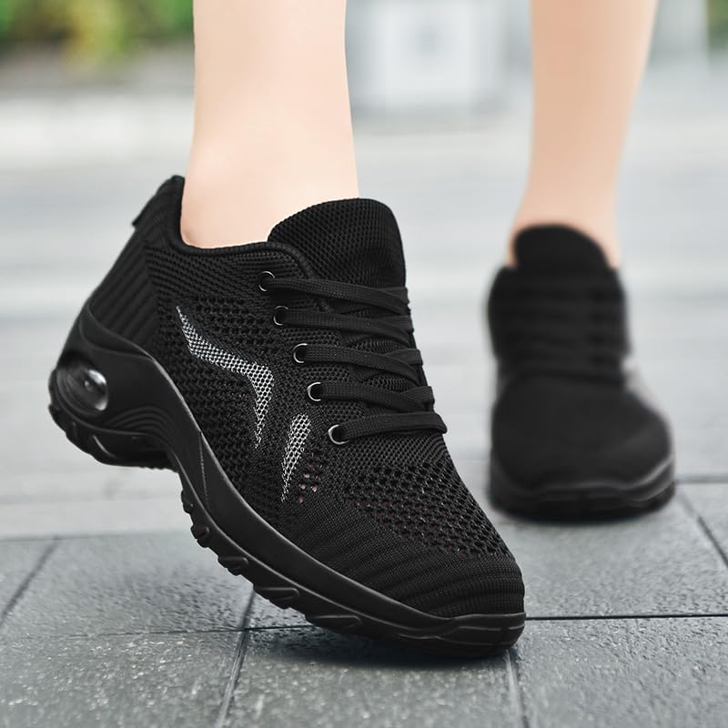 Image of DLWKIPV Womens Walking Running Shoes Tennis Slip On Sneakers Gym Workout Sport Lightweight Breathable Mesh Comfortable Casual Black Size 9