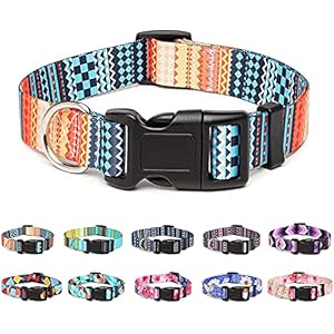 Qpets Stainless Steel Polyester Plastic Nylon Bohemia Style Dog Collar With Patterns Adjustable 33-55Cm Soft Comfy Pet Collars Dog Belt For Small Medium Large 15-30Kg Dogs (Size:M), Multicolor