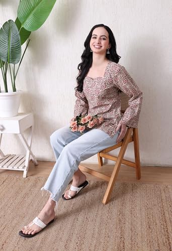 Image of MEERA FAB Women's Floral Printed Cotton Short Top | Daabu Printed Kurta with Full Sleeves | Short Kurti for Women