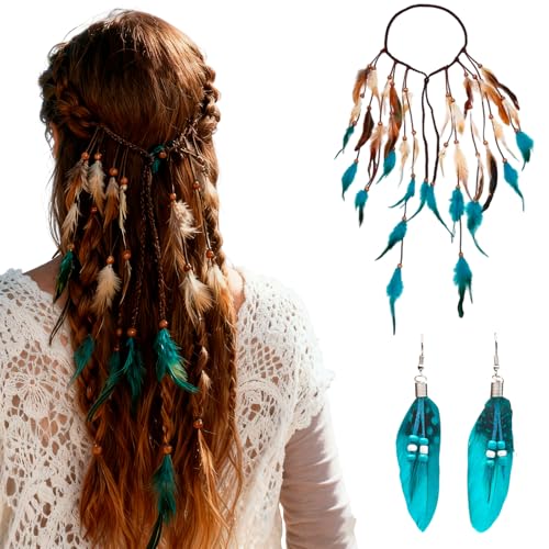 RAOPNHS Ensemble de serre-tête à plumes bohème, pour femme, avec boucles d'oreilles, costume hippie, tribal hippie, accessoire de cheveux pour femme, costume indien...