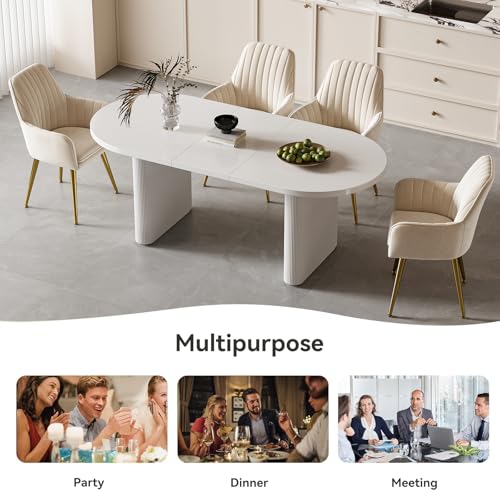 Image of homary Oval Dining Table for 4-6, 63 inch-79 inch Extendable Kitchen Table, Japandi Wooden Dining Room Table with Pedestal Base (White, 63 inch-79 inch (Seats 4-6))