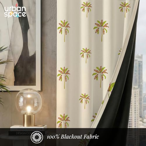 Image of Urban Space 100% Blackout Window Curtains 5 Feet Long Set of 2 | Printed Blackout Curtain | Thermal Insulated Curtains for Living Room, Bedroom Decor, Tieback Included (Palm Coast, 5 Feet)