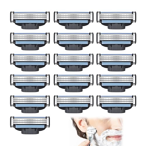 16 Piezas Cuchillas de Afeitar, Hojas de Afeitar Turbo Cuchilla de Recambio Cuchilla Manuales 3 Cuchillas Profesional Laminas de Barbear con Doble Tira de Lubricación para Padre Novio Diario Recargas