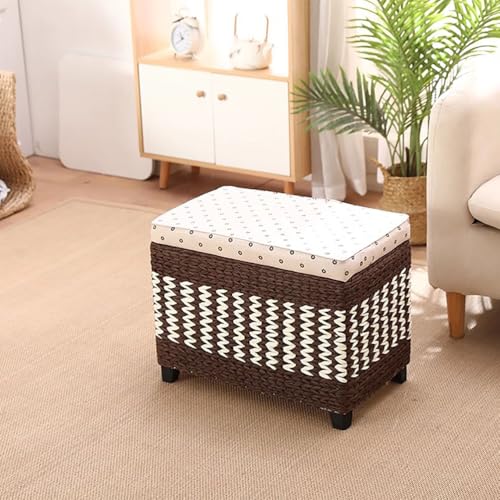 Banco otomano de ratán para sala de estar de 60 x 30 x 40 cm con cojín elegante puf para dormitorio, reposapiés versátil y asiento decorativo