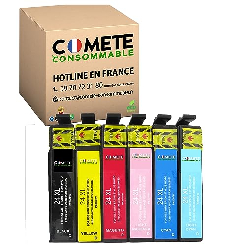 COMETE, Marque française - 24XL - 6 Cartouches d'encre Compatibles avec Epson 24XL Elephant - pour Epson Expression Home XP-850 XP-750 XP-950 XP-55 XP-860...