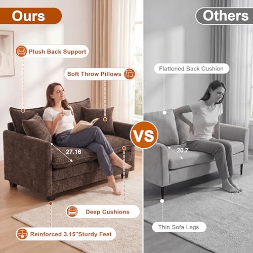 Image of 50'' Loveseat Sofa Cloud Sofa Couch, Modern Loveseats 2 Seat Couch 27 inch Deep Seat with 2 Pillows for Small Spaces Apartment Studio Office Bedroom Living Room, Brown