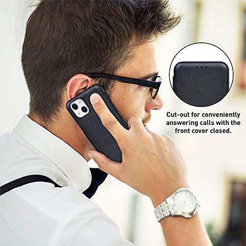 Image of PULOKA for iPhone 14 - Sleek Flip Case - Premium Vegan Leather Phone Cover with Card Slot - Slim, Durable, Privacy Protection - Kickstand Function - Elegant Flip Wallet Cases for Apple - Black