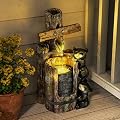 Outsunny 22.8" Tall Outdoor Water Fountain, 3-Tier Floor Standing Resin Bears on Log Waterfall Fountain with LED Lights, Pump for Garden, Patio, Backyard