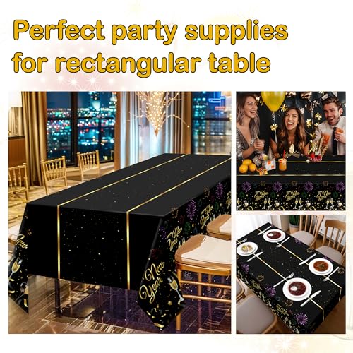 Image of Childom 2 Pack Happy New Year Tablecloths,Happy New Years Decorations 2026,Disposable Rectangular Tablecloths Plastic 54 inchx108 inch,Black and Gold Table Cloth for Home Dining Outdoor Holiday Party Supplies