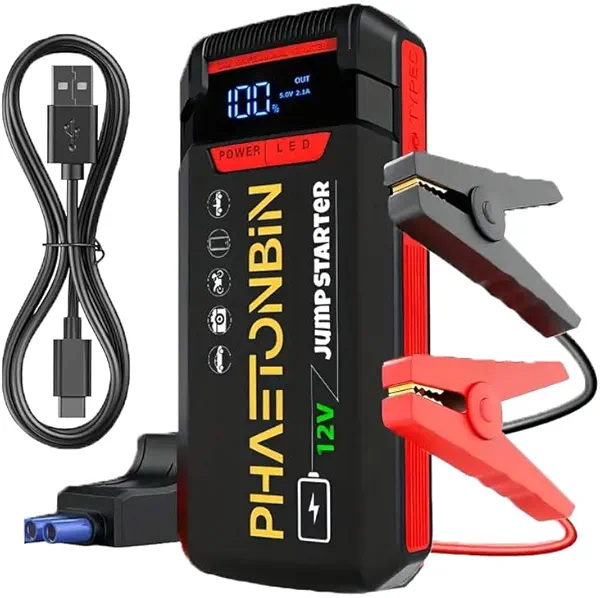 PhaetonBin 1500A Jump Starter for 7.0L Gas/3.5L Diesel Engine, 12V Car Battery Charger Portable with Jumper Cables,LED Display, LED Light, Power Bank with USB, Type C Port
