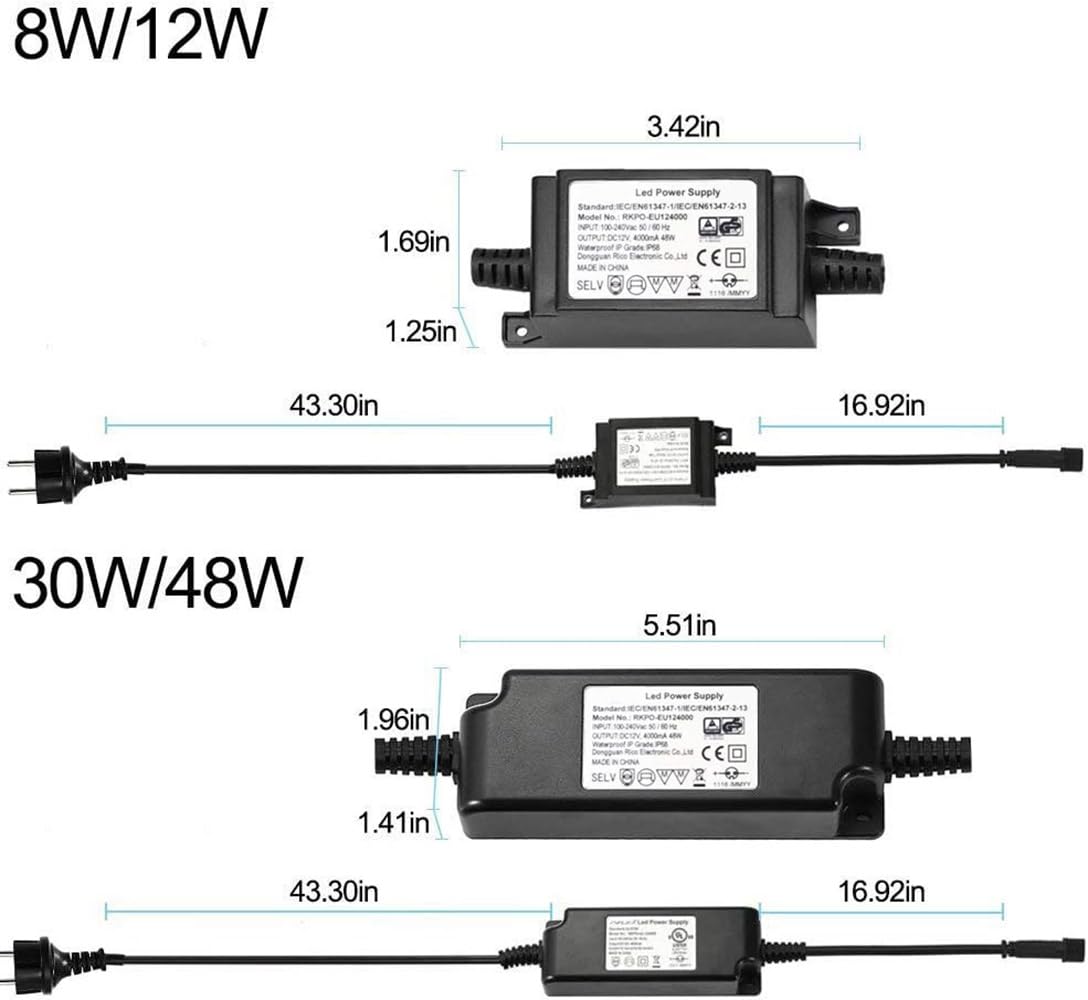 Fuente de alimentación LED de 12 V 48 W IP67 resistente al agua, transformador de 230 V a 12 V CC 4 A, transformador LED con conector de 1,8 m y cable de conexión de 0,5 m para exteriores, tira LED