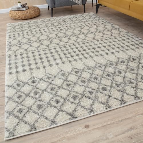 THE RUGS Modern Moroccan Design Living Room and Bedroom Rugs, Non-Shedding & Easy Care (Moroccan Ivory/Grey, 60x110 cm)