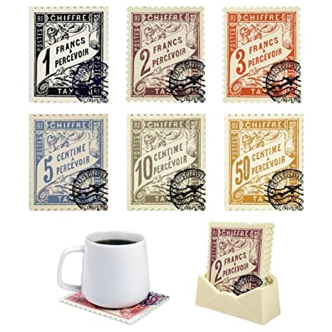 MEDOYOH Set of 6 Stamp Coasters with Coasters Holder, Stamp Style Drinks Coasters Set Beverages Coasters Washable Funny Coasters Novelty for Coffee Beer Mug Wine Glass Bottle Home Pub Bar Cafe Cover