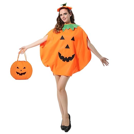Adult Pumpkin Costume,3PCS Halloween Unisex Pumpkin Cosplay Party Clothes With A Hat,A Bag