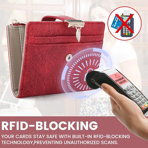 Image of Pomelo Best Wallet Women Bifold Leather Wallets for Women Credit Card Holder with ID Window Zipper Coin Pocket Suede Red