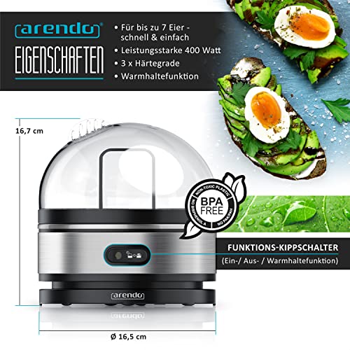 Foto von Arendo Sevencook Eierkocher 400 W – Edelstahl Design - 1-7 Eier - Egg Cooker - EIN/AUS-Schalter – 3 Härtegrade wählbar - Warmhaltefunktion - Signalton - BPA-frei - silber