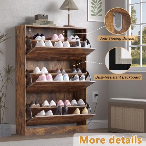 Image of BORNOON Shoe Cabinet with Odor Control and Back Panels, Deodorizing Slim 3-Flip Shoe Storage Cabinet for Entryway, Freestanding Hidden Shoe Rack Organizer for Entrance, Hallway, Bedroom