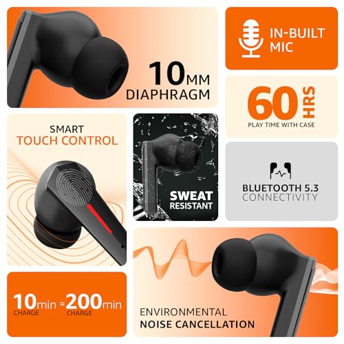 Image of AmazonBasics True Wireless in Ear Earbuds with Mic, BT 5.3, Upto 60 Hrs Playtime, Deep Bass Sound, Fast Charge, Comfort Fit Ergonomic Design, ENC, Battery Indicators