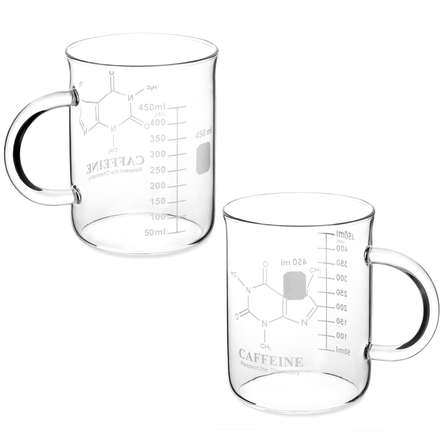 QWORK Caffeine Beaker Mug - Borosilicate Glass, 2 Pack 16 oz (450 ml), Chemistry-Themed Coffee Mug for Science Enthusiasts, Teachers