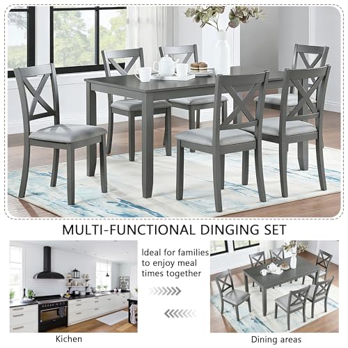 Image of Harper & Bright Designs Modern 7-Piece Dining Set,58.5 inch Solid Wood Table & 6 Padded X-Back Style Chairs, Grey for Kitchen /Dining Room, 6-Person Seating