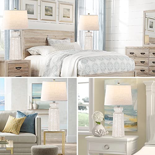 Set Of 2 Table Lamps For Living Room, 25.5" Coastal Ivory White Ceramic Bedroom Lamp For Bedside, 3-Color Temperature Farmhouse Nightstand End Table Lamp With Lampshade Decoration, Led Bulbs Included #TOP5