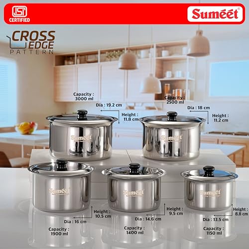 Image of Sumeet ISI Certified HeavyPly Premium Stainless Steel patila Set, 5 pcs with lids - 1150 ml, 1400 ml, 1900 ml, 2500 ml, 3000 ml, Induction & Gas Compatible, Durable bhagona /tope cookware for Kitchen