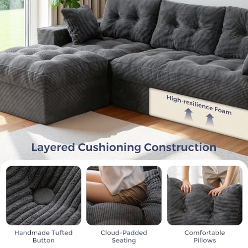 Image of MAXYOYO 96 inch L Shaped Modular Sectional Sofa with Ottoman, Cloud Boneless Couch with Layered Cushion, Upholstered Sofa in a Box, Flexible Module Combination for Living Room, No Assembly, Dark Grey