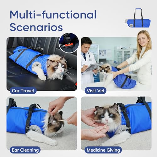 Image of Cat Carrier Pouch, Soft Cat Grooming Restraint Bag for Vet Visits, Nail Trimming & Medication, Comfortable Cats Carry Bag with Bottom Support for Car Travel, Blue, S