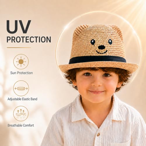 Image of VRITRAZ Kids Straw Hat for Baby Boys & Girls | Printed Summer Sun Hat, Woven Wide Brim Beach Cap, Lightweight Breathable Holiday Travel Picnic Outdoor Fancy Dress Fashion Hat for Children & Toddler