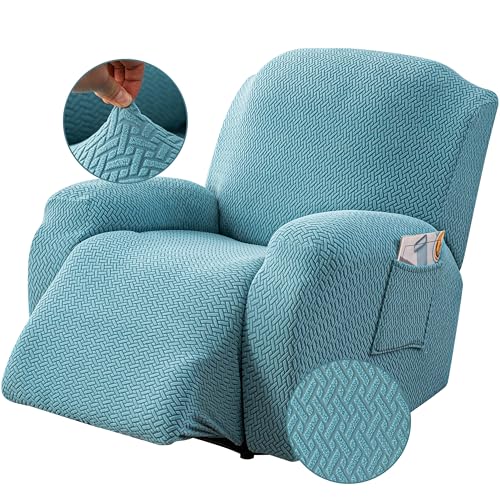 Image of Genina Recliner Chair Cover, Stretch Reclining Chair Covers, Recliner Sofa Slipcovers Stripe Jacquard Lazy Couch Covers Furniture Protector Covers for Pet Kid (Light Blue, 1 Seat)