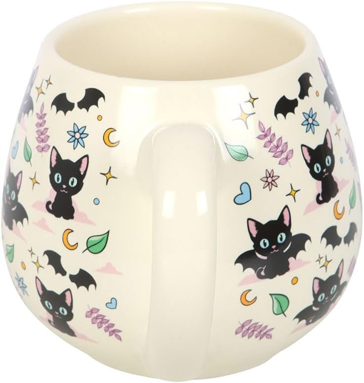 Something Different Wholesale Cute and Creepy Cat Print Rounded Mug with Black Cats, Moons, and Stars – 500ml Ceramic Mug for Cat Lovers and Witches – Microwave and Dishwasher Safe