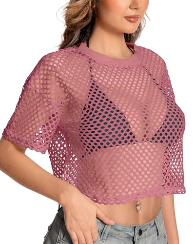 Image of Women's Mesh Top Fishnet T Shirts Sheer Loose Short Sleeve See Through Crop Tops