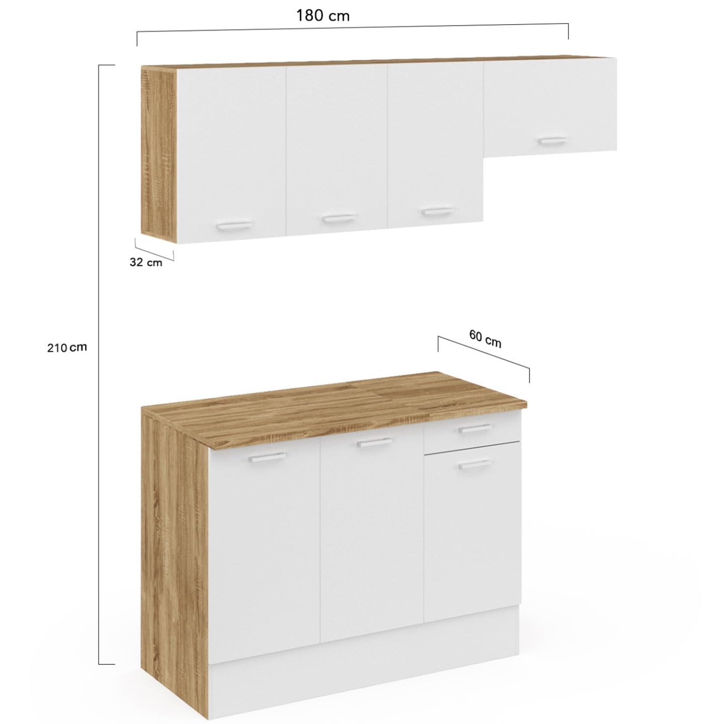 Cuisine complète 180 cm Subtil Plan de Travail 5 éléments Bois Blanc