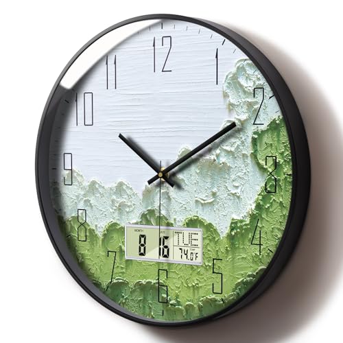 SCOAGE Modern Wall Clock with Temperature Green Forest Large Display Non-Ticking Battery Operated Clock with Date and Week for Kitchen Bedroom Living Room Farmhouse Decor 12 Inch