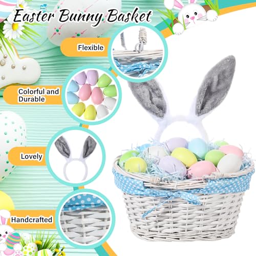 Image of SiliFine Easter Bunny Gift Basket Set Include Wicker Basket with Liner Gingham, Easter Bunny Headband, Easter Eggs, Raffia Paper Grass, Easter Gift for Party Favor Decoration(Blue)