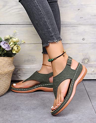 Dimleen Orthopedic Sandals, Womens Comfortable Platform Shoes Elastic Ankle Sandals for Women Casual Summer Wedge Flip Flops (Color : ArmyGreen, Size : 9/40)3