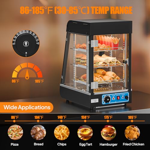 Image of ROVSUN 15 inch Commercial Food Warmer Display Pizza Warmer, 3-Tier Electric Countertop Food Warmer w /LED Lighting Adjustable Removable Shelves Glass Door, Pretzel Warmer for Buffet Restaurant, 1000W