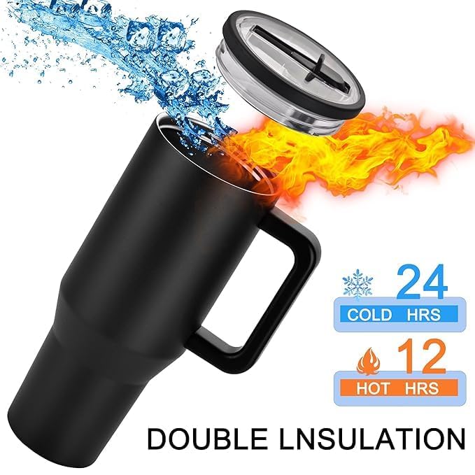Image of 1200ML Stainless Steel Tumbler with Handle & Flip Straw | Leak Resistant, Insulated Water Bottle with Rubber Base | Travel, Gym & Car Cup Holder Friendly (Black)