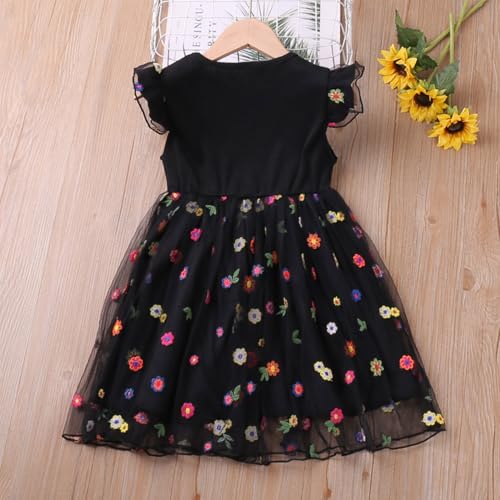 2-6T Girls Casual Dress Layered Tulle Skirt, Toddler Summer Flutter Sleeve, Embroidered Mesh with Sunscreen Sleeves3