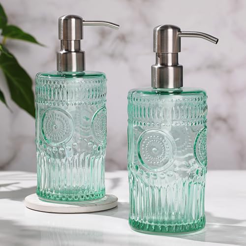 Image of 2 Packs 17 Oz Green Hand Soap Dispenser- Refillable Glass Soap Dispenser with Stainless Steel Pump for Kitchen and Bathroom - Elegant Floral Design for Bathroom Accessories