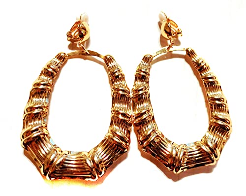 Divas Diggables Clip-On Earrings Oval Bamboo Hoop Earrings Gold Tone 2.5 Inch Long thumb #1