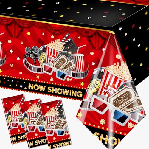 Image of Movie Night Tablecloth,Movie Theme Hollywood Party Decoration 3Pcs Vintage Now Showing Popcorn Tablecloth Drive In Movie Party Table Cover for Movie Theater Party Favors ,Movie Star Birthday Supplies