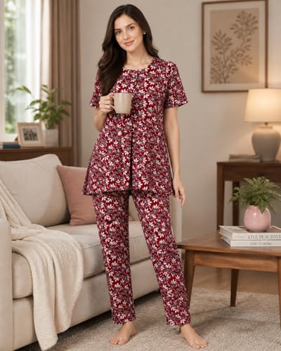Image of KIAWAH Women Printed Night Suit Set, Cotton Blend Night Suit, A-Line Top and Pajama Set, Soft and Breathable Night Wear