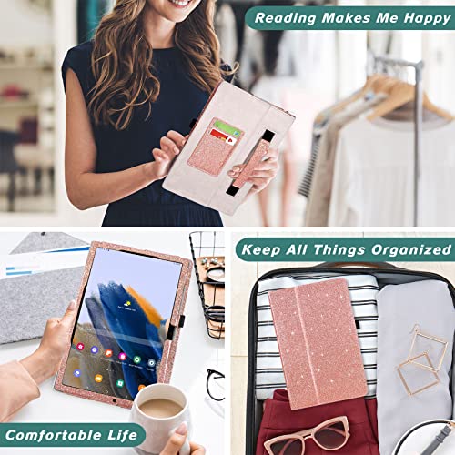 Dmluna Case For Samsung Galaxy Tab A8 10.5 Inch 2022 Sm-X200/X205/X207, Slim Pu Leather Smart Protective Cover Folio, With Folding Stand, Auto Wake/Sleep, Hand Strap, Card Slots, Glitter Rose #TOP7