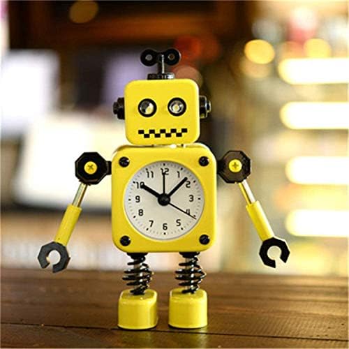 Diskary Robot Alarm Clock,Stainless Metal Non-Ticking Wake-up Clock with Flashing Eye Lights and Rotating Arm,Gift to Children (Yellow)