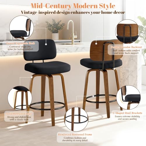 Image of Counter Height Bar Stools Set of 2, 26+inch Swivel Faux Leather Barstool with Back, Upholstered Mid-Century Modern Bar Chairs with Bent Wood Legs for Kitchen Counter, Dining Room