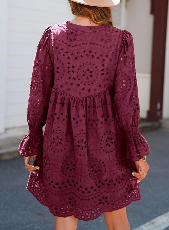 Image of Dokotoo Womens 2026 Boho Dress Tassel V Neck Long Sleeve A Line Casual Hollow Out Lace Ruffle Party Dresses