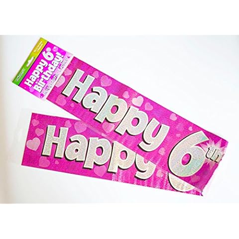 Happy 6th Birthday Banner Age Girl Pink Holographic Wall Kids Party Decorations Cover
