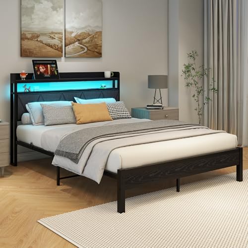 VERFARM Estructura de cama tapizada de 140 x 200 cm, marco de cama doble con LED y estación de carga, marco de cama con espacio de almacenamiento, cama juvenil, cama de invitados con cabecero - imagen 3