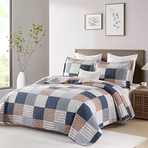 Image of Finlonte Quilt King Size - 100% Cotton King Size Comforter Set Navy Brown White Plaid Farmhouse Quilt Bedding Set, Reversible Lightweight Soft Bedspread, Quilted Coverlet All-Season, 3-Piece